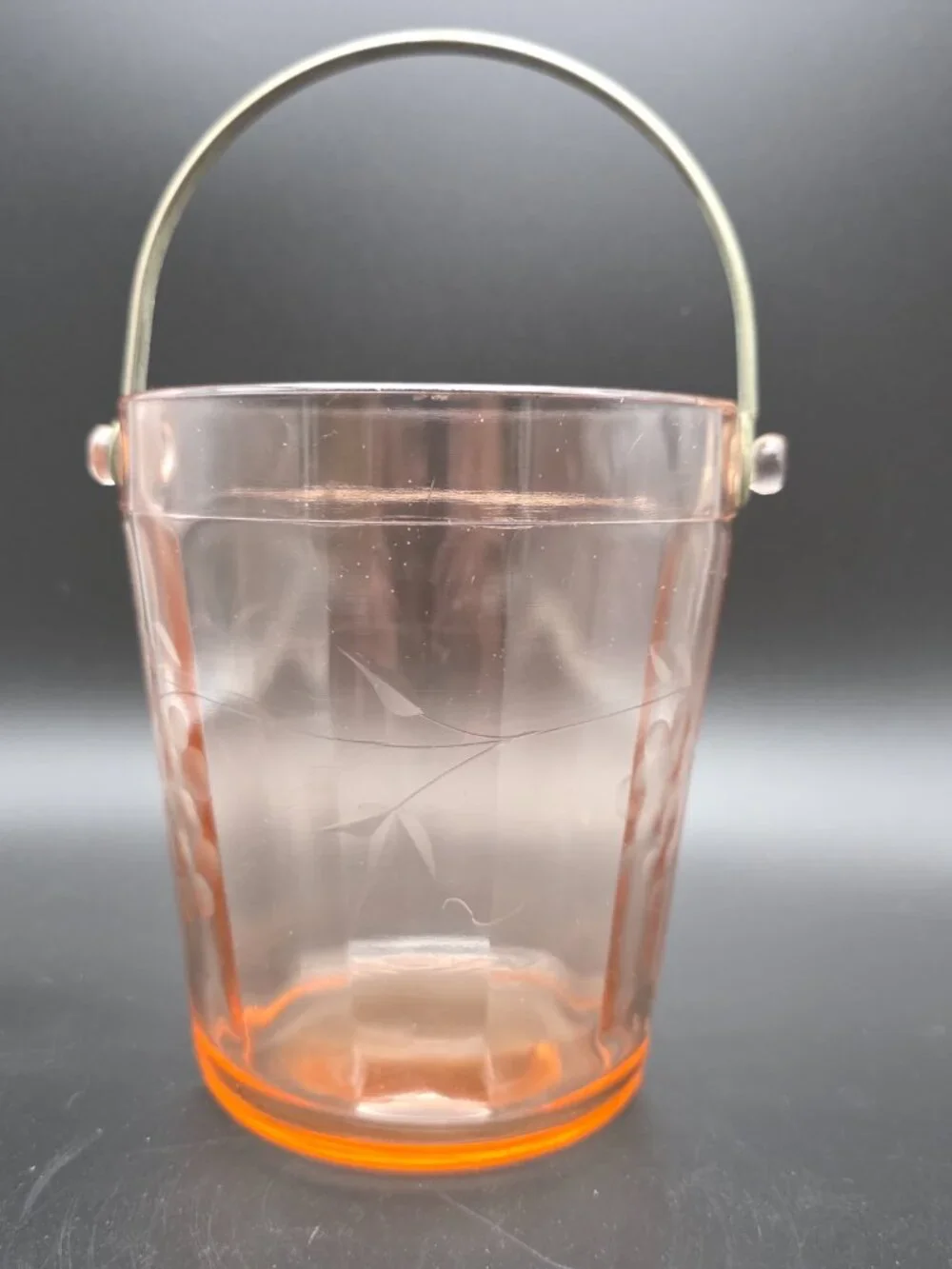 Pink Depression Glass Ice Bucket w/ Handle Etched Flower Dot Paneled Sides grape